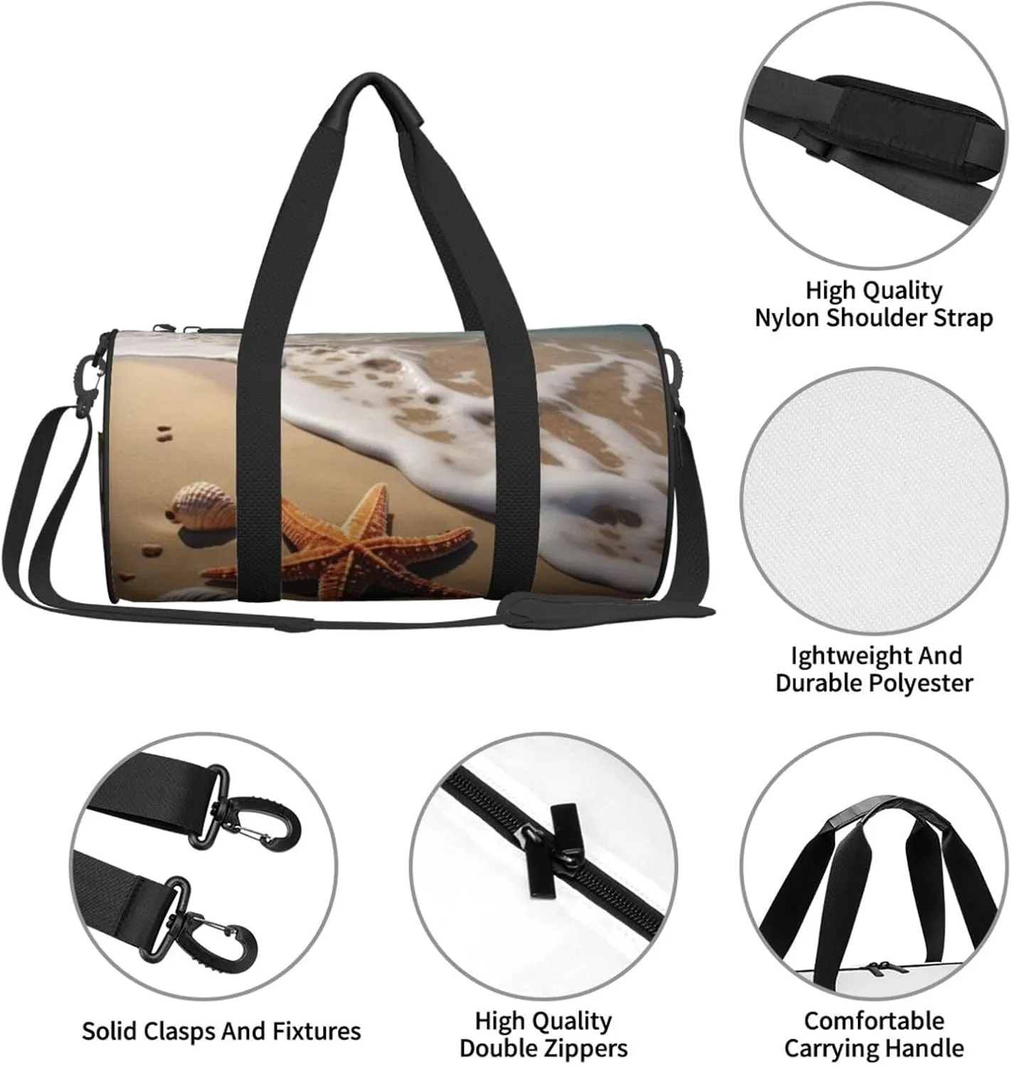 Starfish Seashell Sandy Beach Printed Travel Bag,Round Personal Item Storage bag,Foldie Duffel Bag for Traveling Vacation,Fitness,Sports