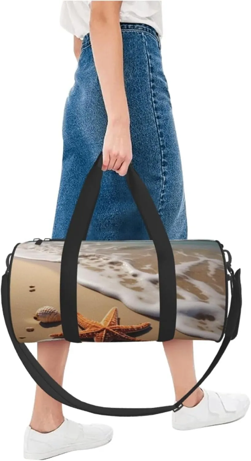 Starfish Seashell Sandy Beach Printed Travel Bag,Round Personal Item Storage bag,Foldie Duffel Bag for Traveling Vacation,Fitness,Sports