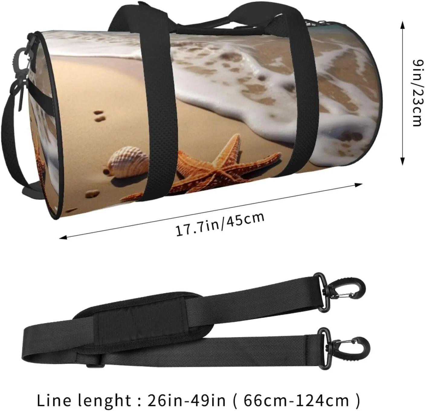 Starfish Seashell Sandy Beach Printed Travel Bag,Round Personal Item Storage bag,Foldie Duffel Bag for Traveling Vacation,Fitness,Sports
