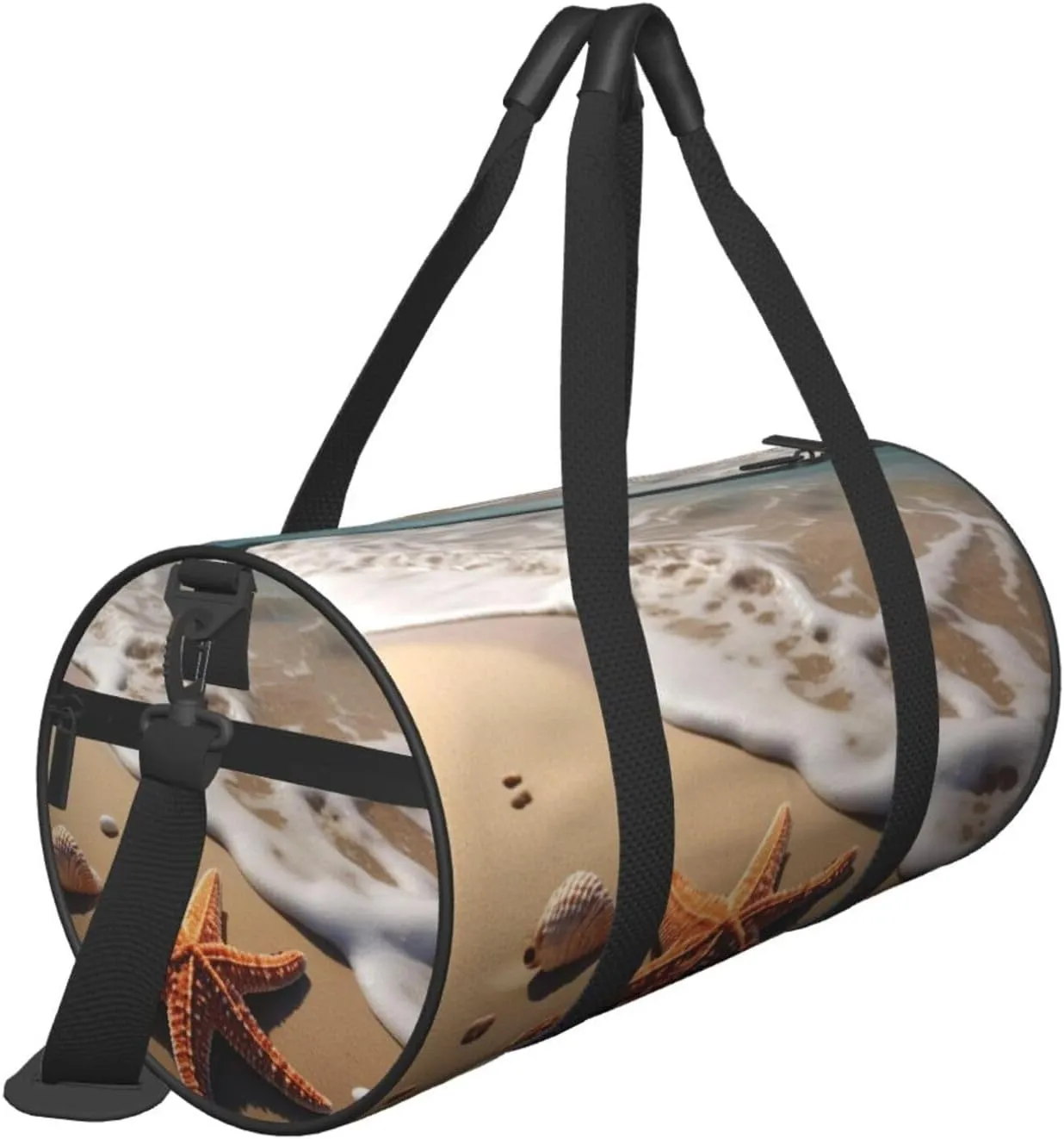 Starfish Seashell Sandy Beach Printed Travel Bag,Round Personal Item Storage bag,Foldie Duffel Bag for Traveling Vacation,Fitness,Sports