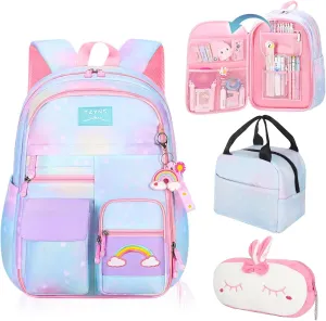 Starry Rainbow Backpack Kawaii School Students Backpack Cute Large Capacity Kids Bookbag Multifunction Fashion Casual Laptop Travel Bag For Boy Girl (Blue-17inch)