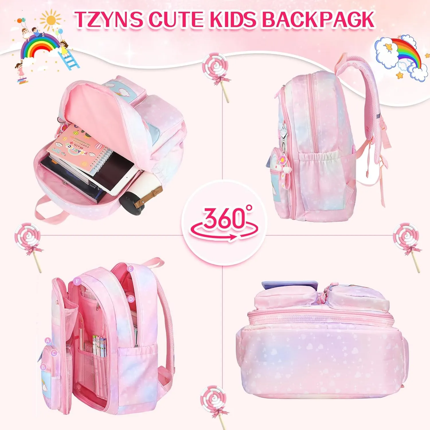 Starry Rainbow Backpack Kawaii School Students Backpack Cute Large Capacity Kids Bookbag Multifunction Fashion Casual Laptop Travel Bag For Boy Girl (Blue-17inch)