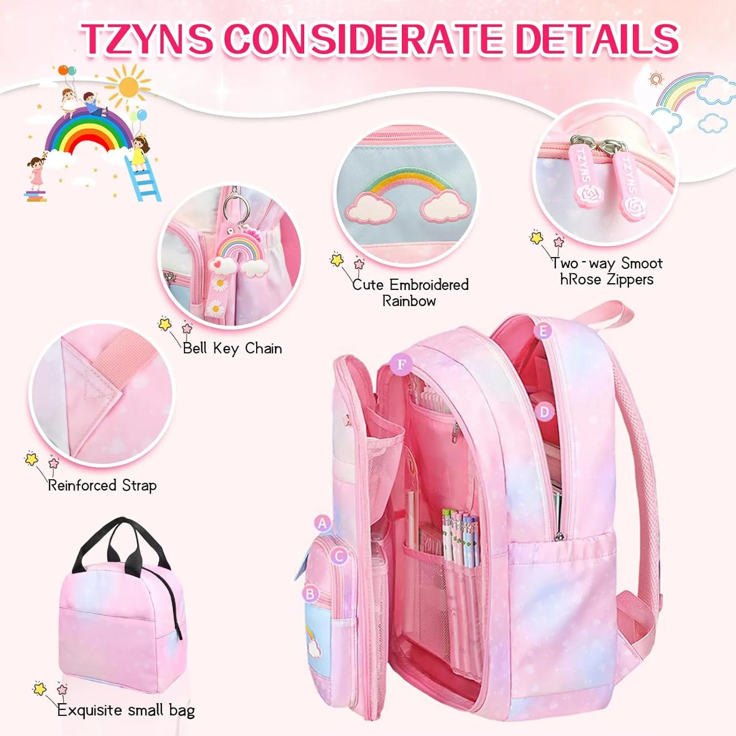 Starry Rainbow Backpack Kawaii School Students Backpack Cute Large Capacity Kids Bookbag Multifunction Fashion Casual Laptop Travel Bag For Boy Girl (Blue-17inch)