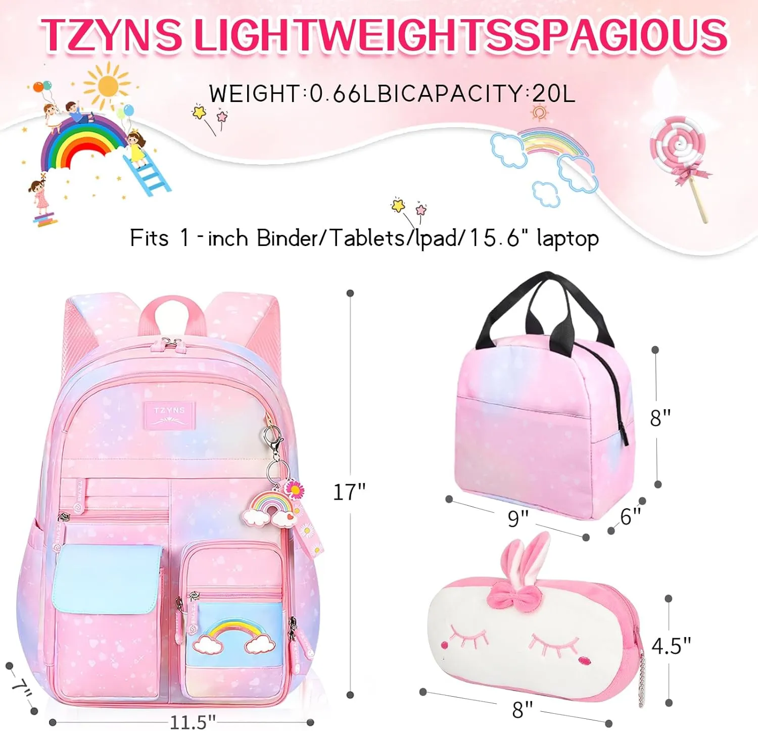 Starry Rainbow Backpack Kawaii School Students Backpack Cute Large Capacity Kids Bookbag Multifunction Fashion Casual Laptop Travel Bag For Boy Girl (Blue-17inch)