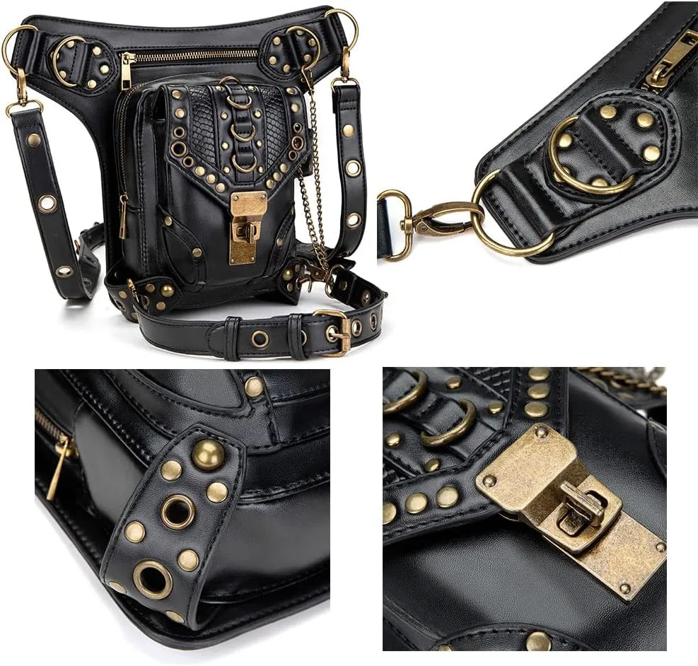 Steampunk Crossbody Shoulder Bag Messenger Gothic Waist Fanny Pack Chain Drop Leg Hip Holster Belt Purse Pouch