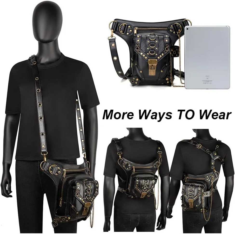 Steampunk Crossbody Shoulder Bag Messenger Gothic Waist Fanny Pack Chain Drop Leg Hip Holster Belt Purse Pouch
