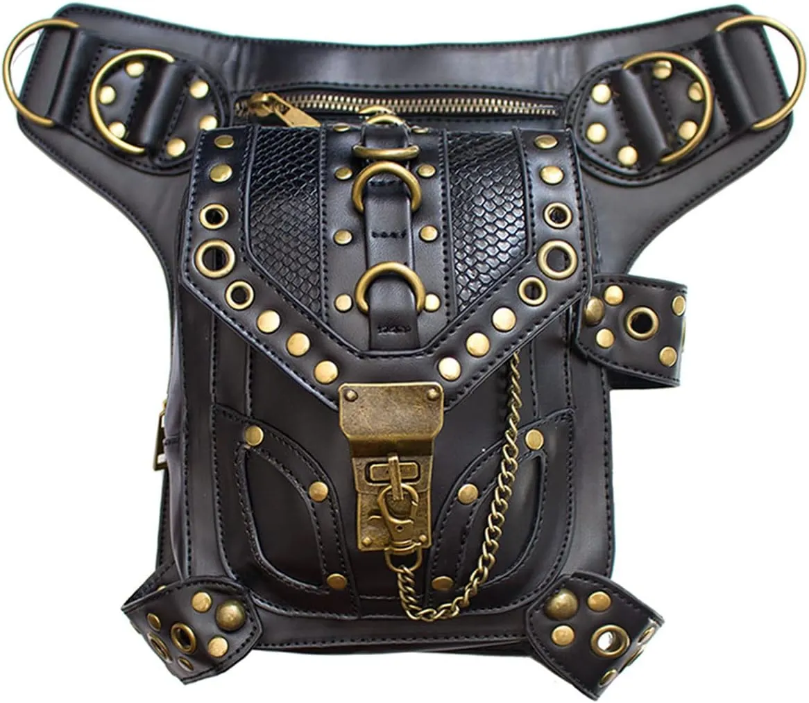Steampunk Crossbody Shoulder Bag Messenger Gothic Waist Fanny Pack Chain Drop Leg Hip Holster Belt Purse Pouch