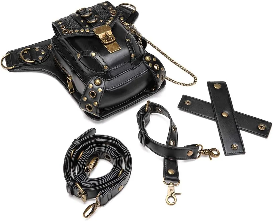 Steampunk Crossbody Shoulder Bag Messenger Gothic Waist Fanny Pack Chain Drop Leg Hip Holster Belt Purse Pouch