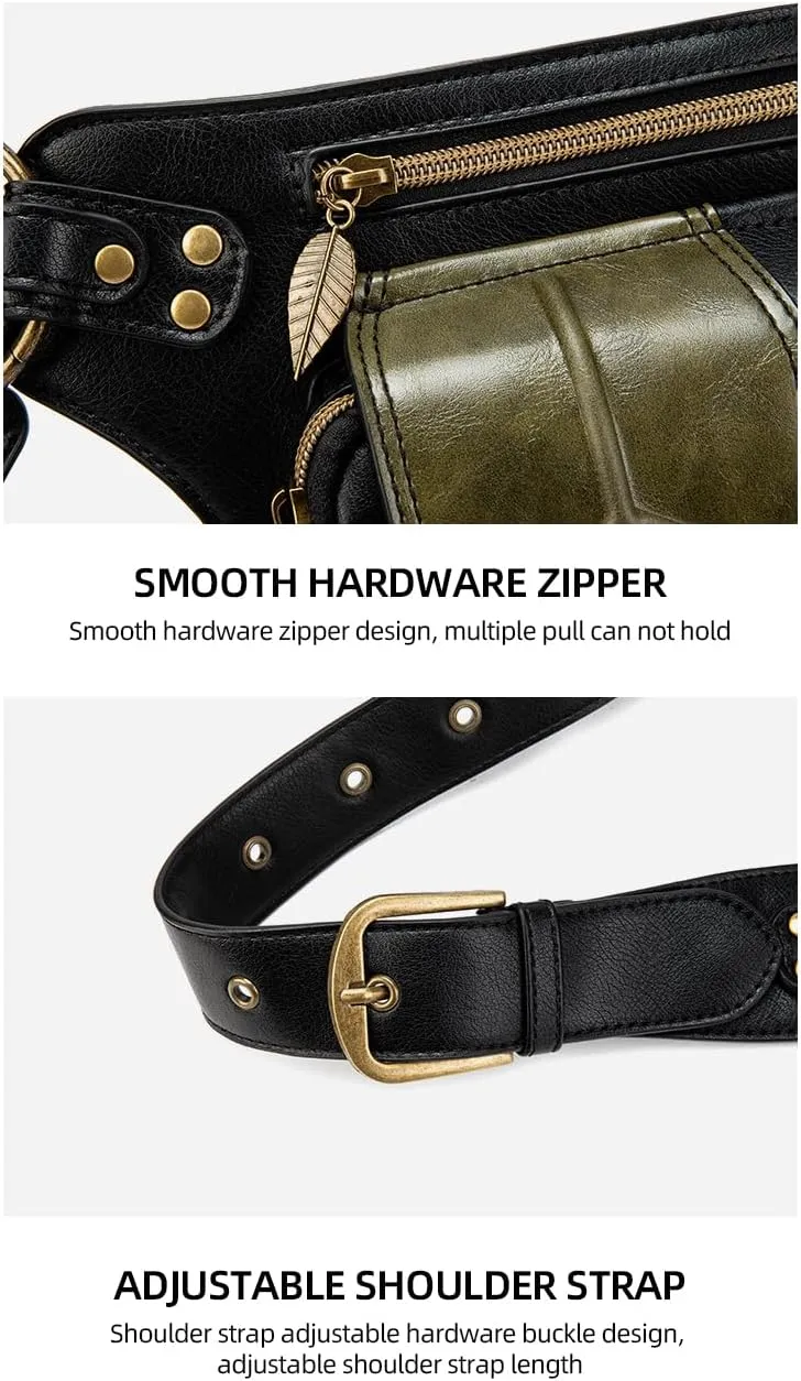 Steampunk Leaf Crossbody Belt Bag for Cosplay and Festival Outfits, PU Leather Waist Pack for Outdoor Travel and Events, Adjustable Fanny Bag for Men and Women, Coffee