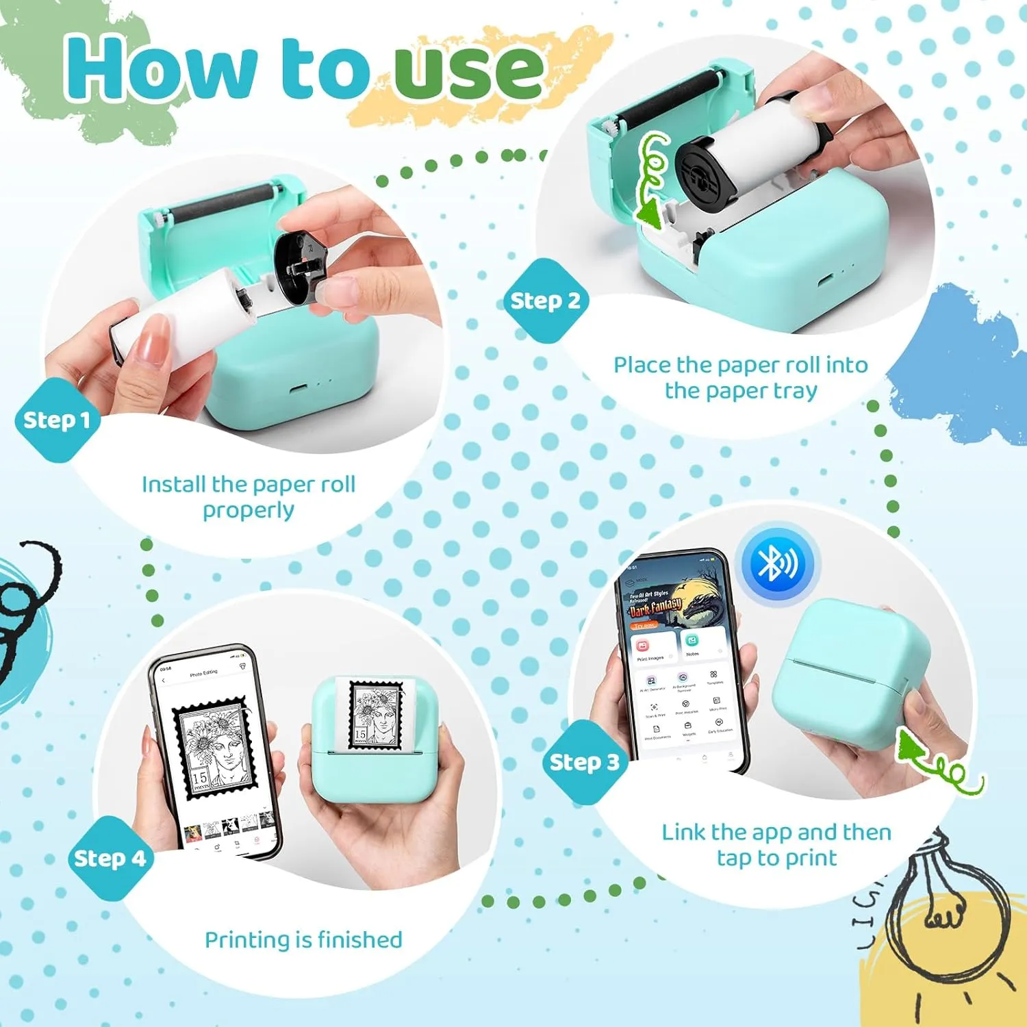 Sticker Printer M02X, Print Pod with 3 Colors Paper, Mini Printer Sticker for Phone, Inkless Maker Machine for Learning, Note, Photos, Journal