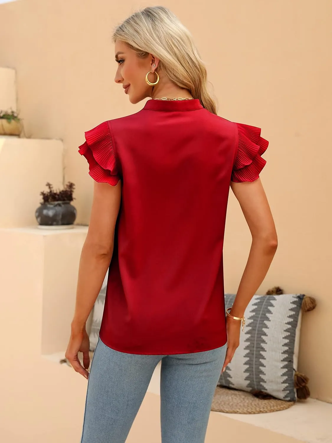 Sucolan Women's Summer Tops Dressy Casual Notch V Neck Ruffle Short Sleeve Flowy Shirts Cute Blouses Tops