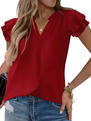 Sucolan Women's Summer Tops Dressy Casual Notch V Neck Ruffle Short Sleeve Flowy Shirts Cute Blouses Tops