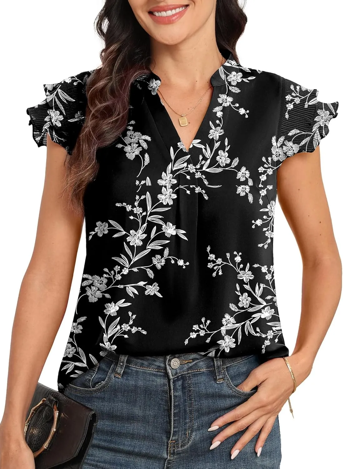 Sucolan Women's Summer Tops Dressy Casual Notch V Neck Ruffle Short Sleeve Flowy Shirts Cute Blouses Tops