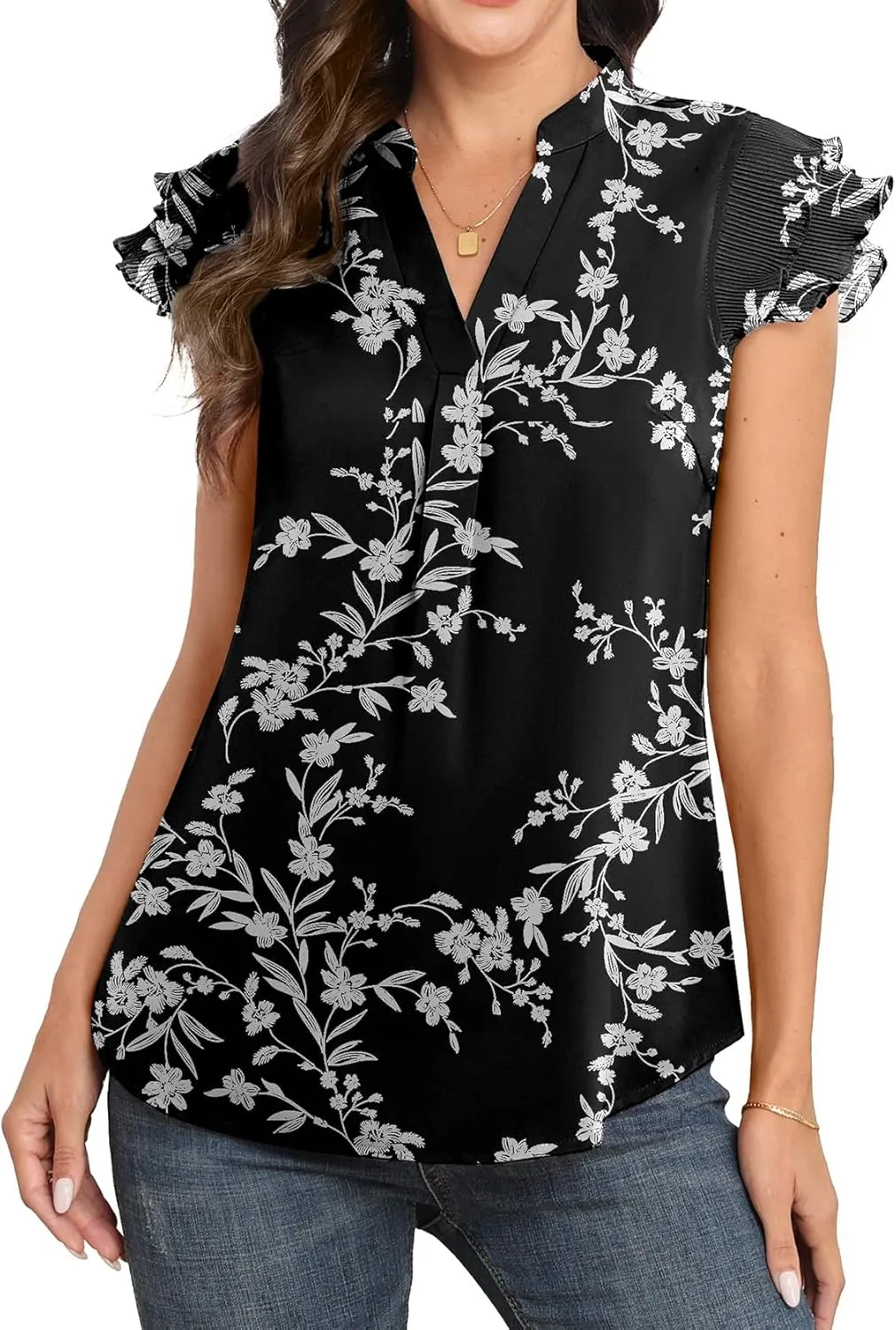 Sucolan Women's Summer Tops Dressy Casual Notch V Neck Ruffle Short Sleeve Flowy Shirts Cute Blouses Tops
