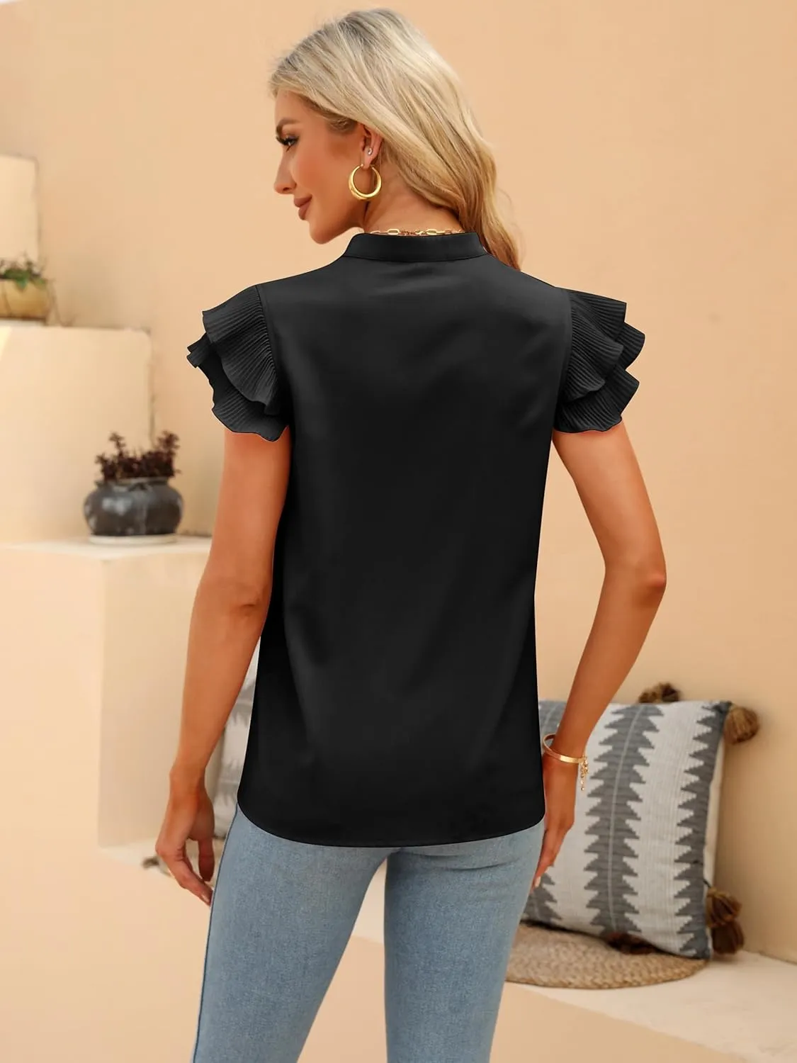 Sucolan Women's Summer Tops Dressy Casual Notch V Neck Ruffle Short Sleeve Flowy Shirts Cute Blouses Tops