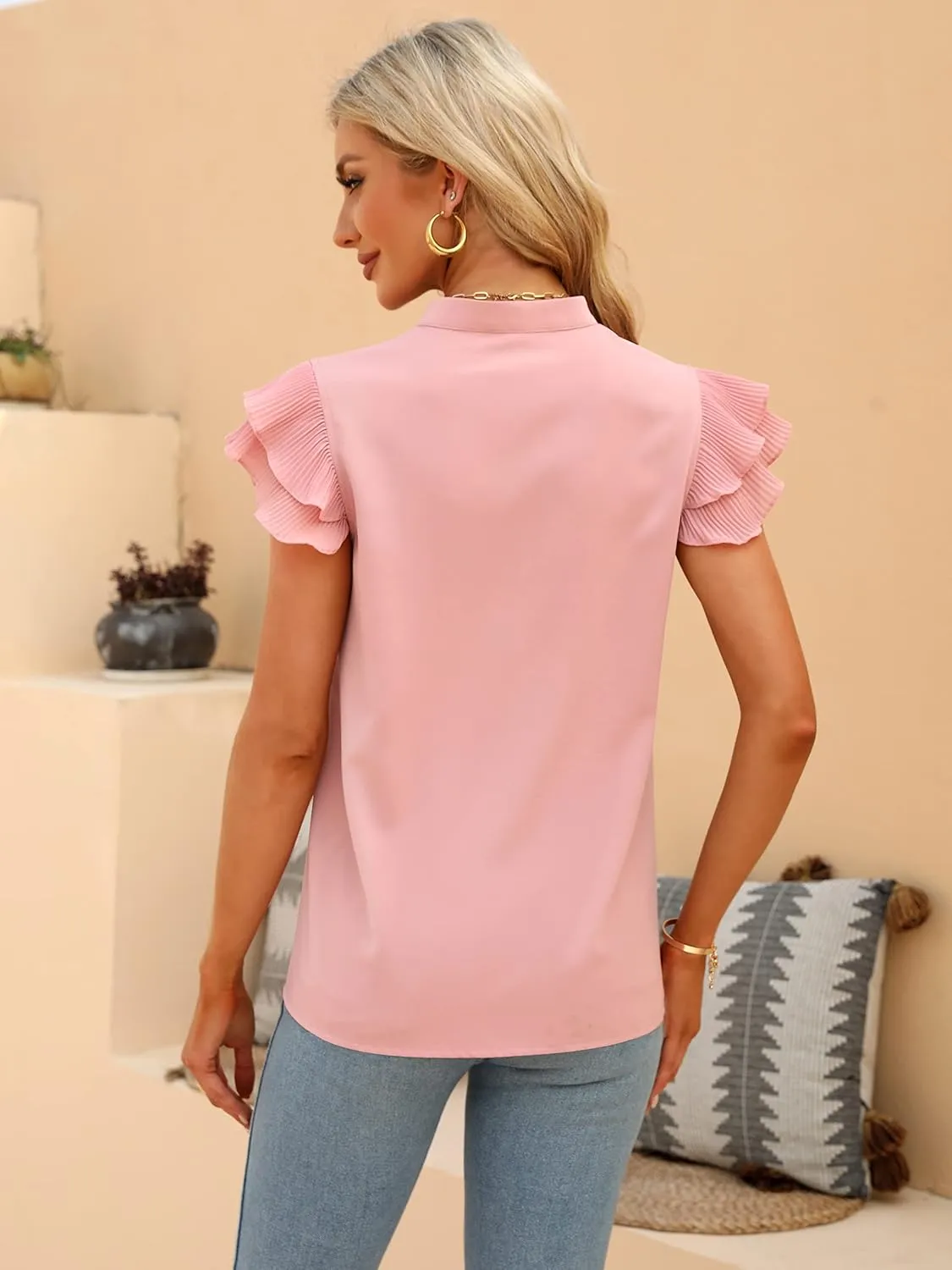 Sucolan Women's Summer Tops Dressy Casual Notch V Neck Ruffle Short Sleeve Flowy Shirts Cute Blouses Tops