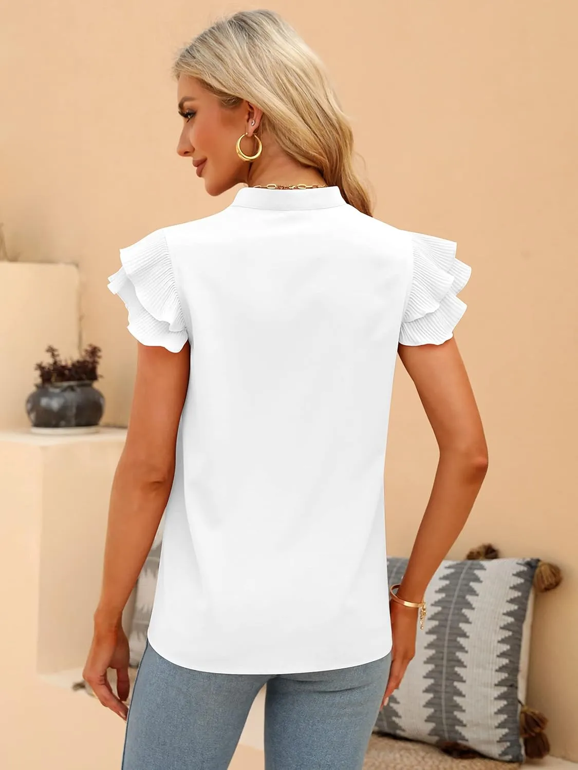 Sucolan Women's Summer Tops Dressy Casual Notch V Neck Ruffle Short Sleeve Flowy Shirts Cute Blouses Tops