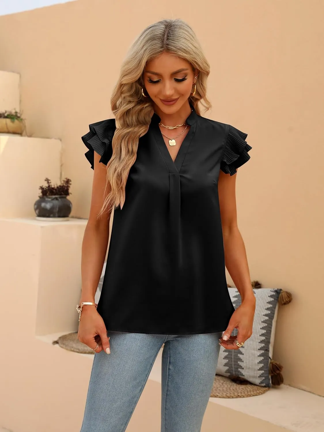 Sucolan Women's Summer Tops Dressy Casual Notch V Neck Ruffle Short Sleeve Flowy Shirts Cute Blouses Tops