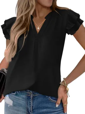 Sucolan Women's Summer Tops Dressy Casual Notch V Neck Ruffle Short Sleeve Flowy Shirts Cute Blouses Tops