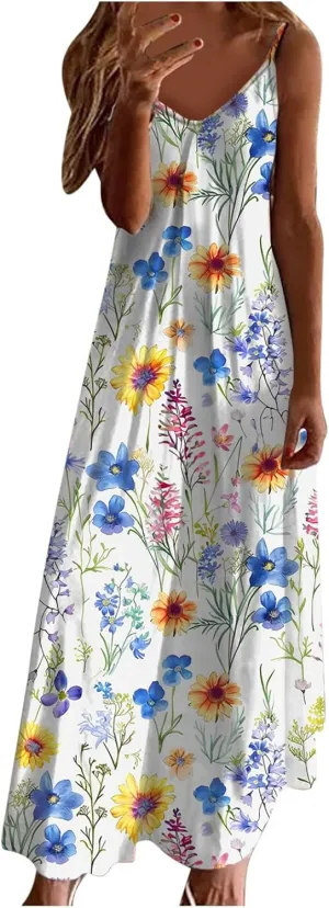 Summer Casual Dresses for Women Floral Vintage Summer Sleeveless Spaghetti Strap Dress Maxi V-Neck Casual Dresses