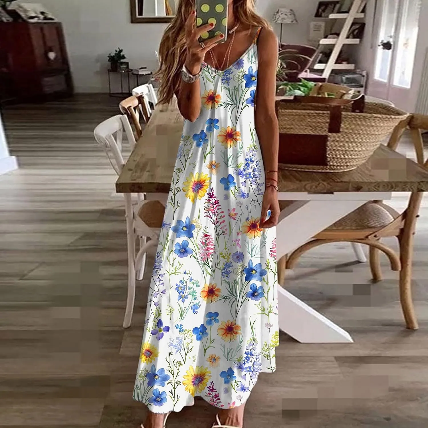 Summer Casual Dresses for Women Floral Vintage Summer Sleeveless Spaghetti Strap Dress Maxi V-Neck Casual Dresses