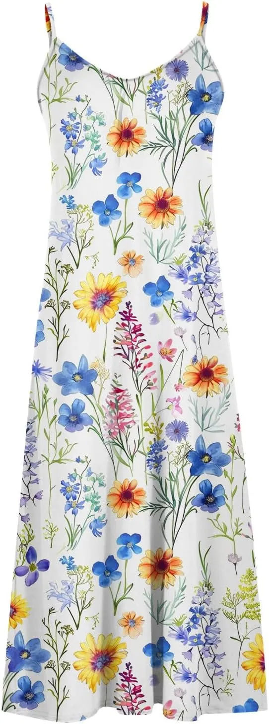 Summer Casual Dresses for Women Floral Vintage Summer Sleeveless Spaghetti Strap Dress Maxi V-Neck Casual Dresses