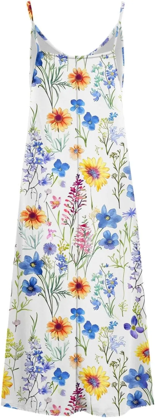 Summer Casual Dresses for Women Floral Vintage Summer Sleeveless Spaghetti Strap Dress Maxi V-Neck Casual Dresses