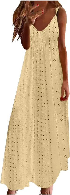 Summer Dresses for Women 2024 Spaghetti Strap V Neck Eyelet Maxi Dress Elegant Casual Sleeveless Hollow Out Sundress