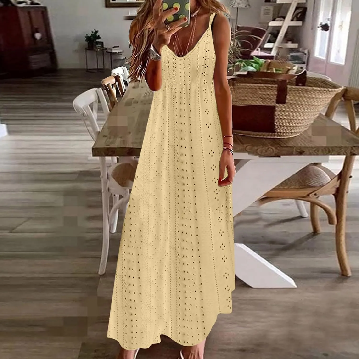 Summer Dresses for Women 2024 Spaghetti Strap V Neck Eyelet Maxi Dress Elegant Casual Sleeveless Hollow Out Sundress