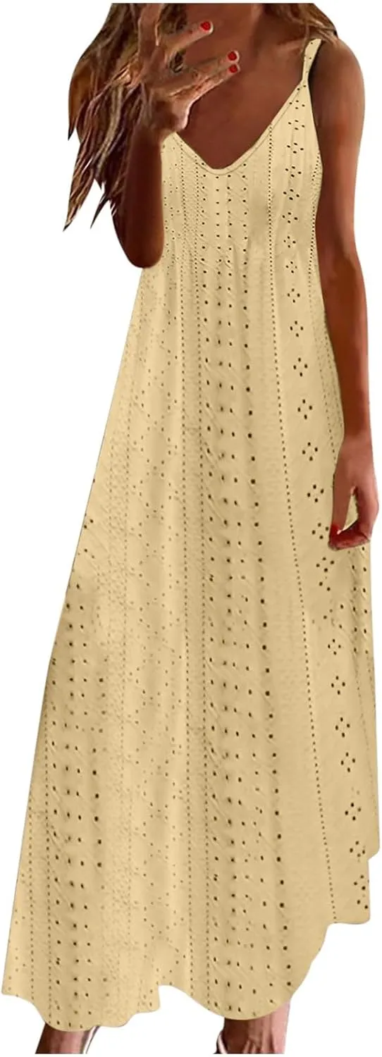 Summer Dresses for Women 2024 Spaghetti Strap V Neck Eyelet Maxi Dress Elegant Casual Sleeveless Hollow Out Sundress