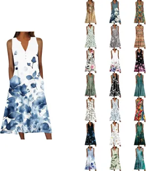 Summer Dresses for Women 2025 Floral Print V Neck Maxi Dress Sleeveless Boho Beach Vacation Sundress Resort Wear
