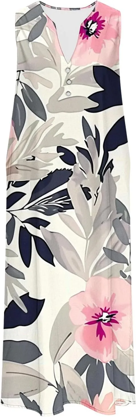 Summer Dresses for Women 2025 Floral Print V Neck Maxi Dress Sleeveless Boho Beach Vacation Sundress Resort Wear
