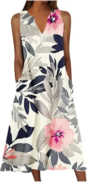 Summer Dresses for Women 2025 Floral Print V Neck Maxi Dress Sleeveless Boho Beach Vacation Sundress Resort Wear