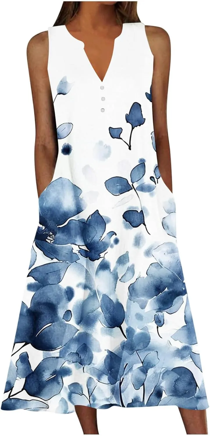 Summer Dresses for Women 2025 Floral Print V Neck Maxi Dress Sleeveless Boho Beach Vacation Sundress Resort Wear