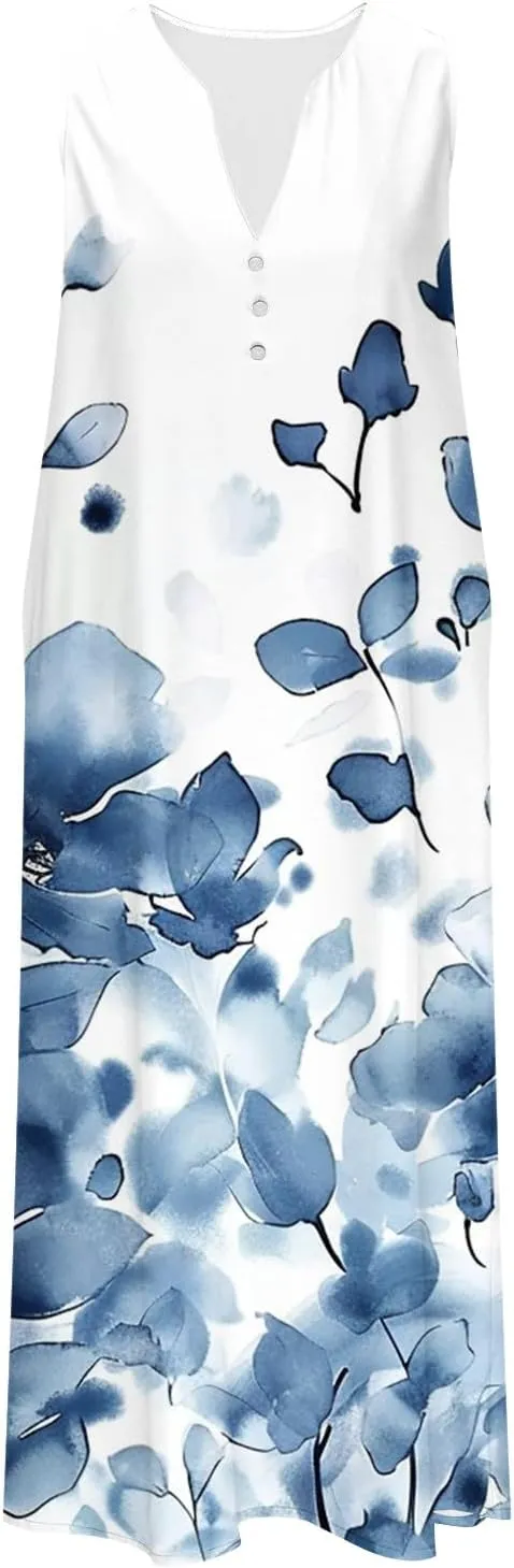Summer Dresses for Women 2025 Floral Print V Neck Maxi Dress Sleeveless Boho Beach Vacation Sundress Resort Wear
