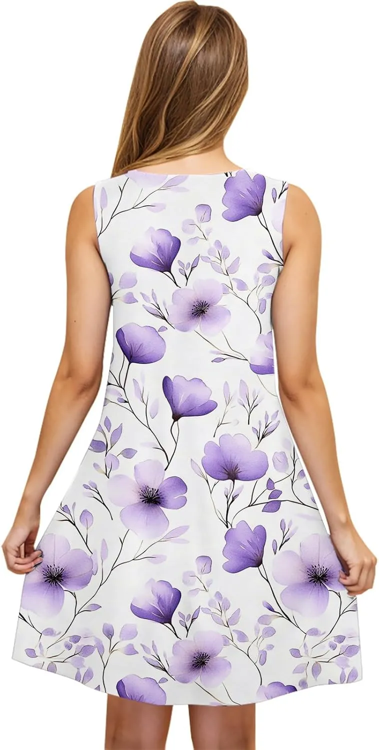 Summer Floral Print Sleeveless Dress for Women Scoop Neck A-Line Casual Tank Dresses Beach Vacation Sundress