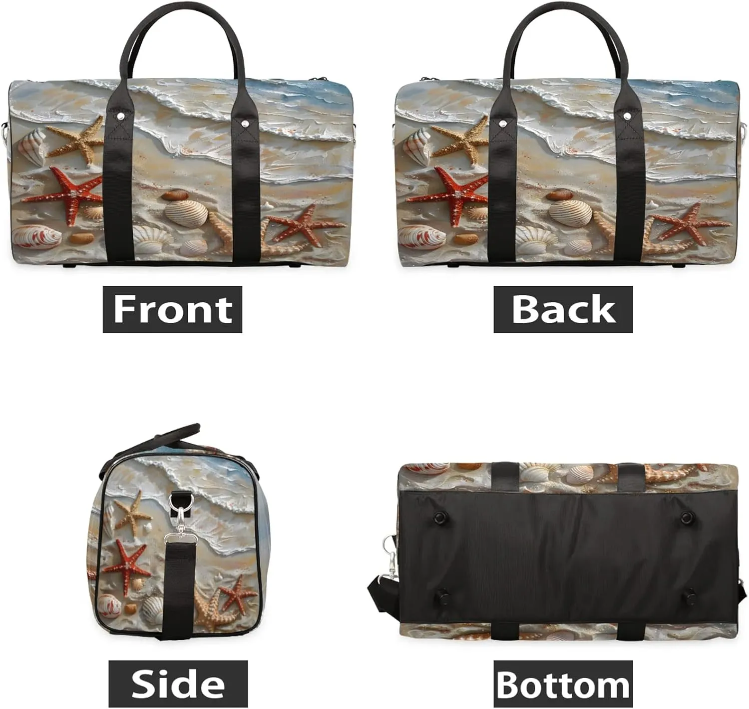 Summer Ocean Beach Seashell Starfish Travel Duffle Bag, Sports Gym Bags for Women Men, Carry On Weekender Overnight Workout Airplane Trips Bag