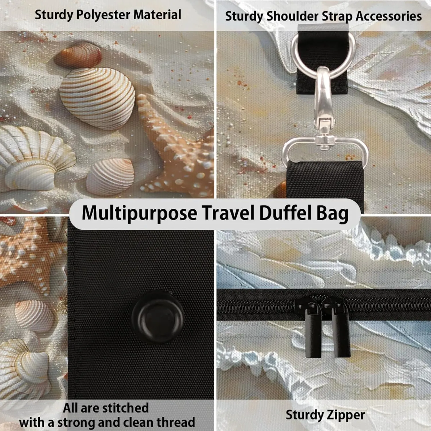 Summer Ocean Beach Seashell Starfish Travel Duffle Bag, Sports Gym Bags for Women Men, Carry On Weekender Overnight Workout Airplane Trips Bag