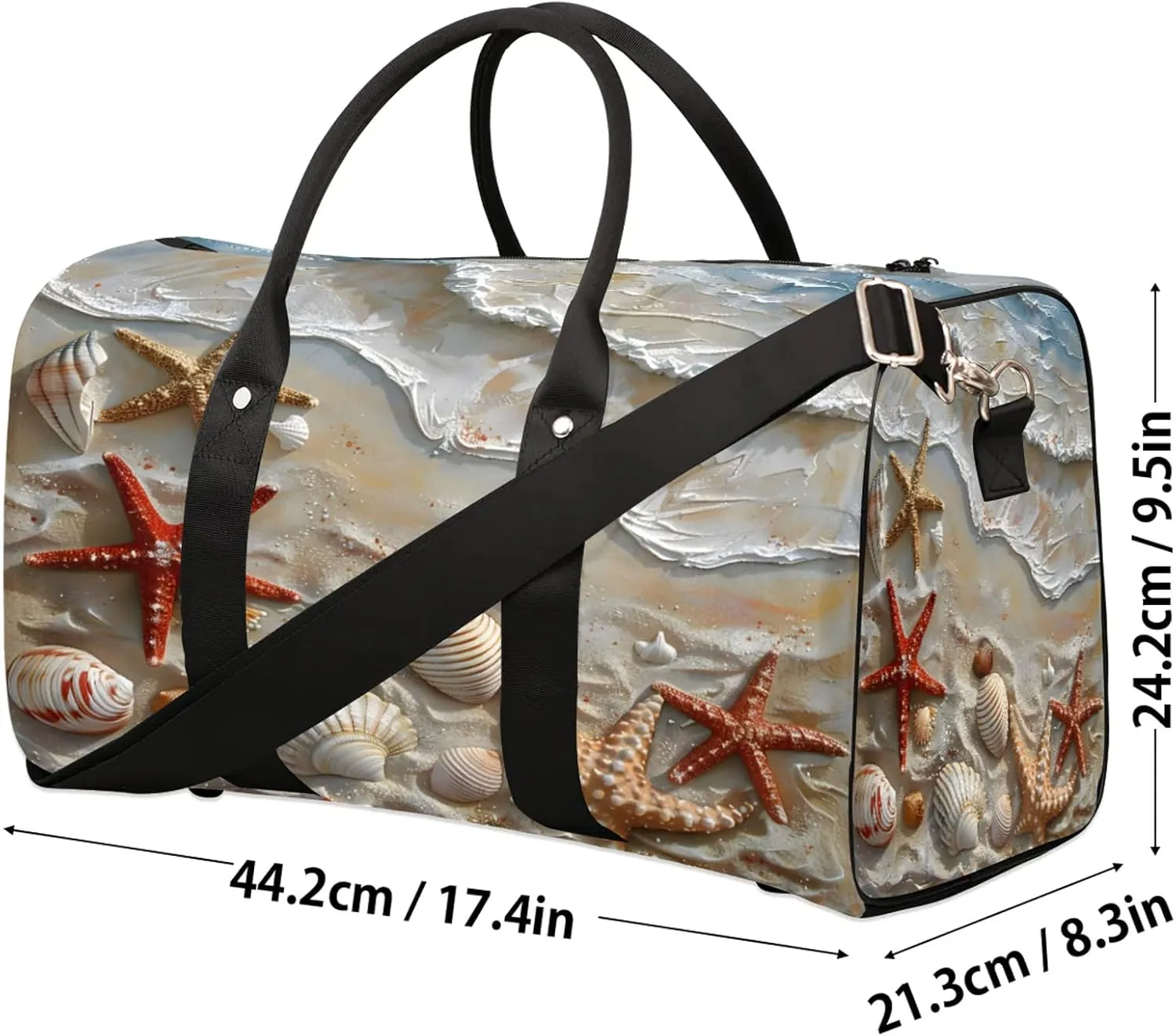 Summer Ocean Beach Seashell Starfish Travel Duffle Bag, Sports Gym Bags for Women Men, Carry On Weekender Overnight Workout Airplane Trips Bag