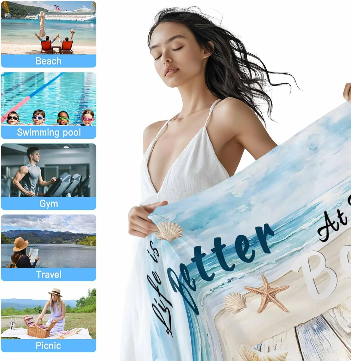Summer Ocean Beach Towel 30" x 60" Starfish Shell Blue Sky Quick Dry Sand Free Pool Towels Soft & Absorbent Compact Towels Beach Accessories for Travel Bathroom Swimming Pool