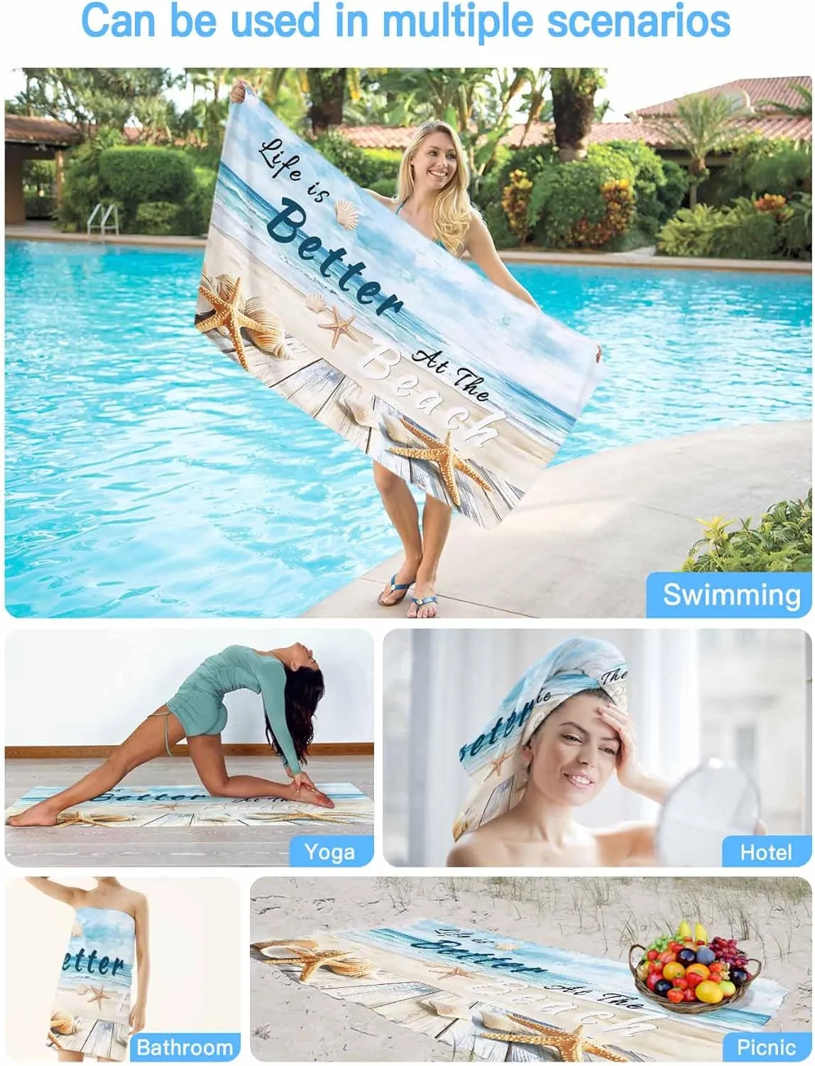 Summer Ocean Beach Towel 30" x 60" Starfish Shell Blue Sky Quick Dry Sand Free Pool Towels Soft & Absorbent Compact Towels Beach Accessories for Travel Bathroom Swimming Pool