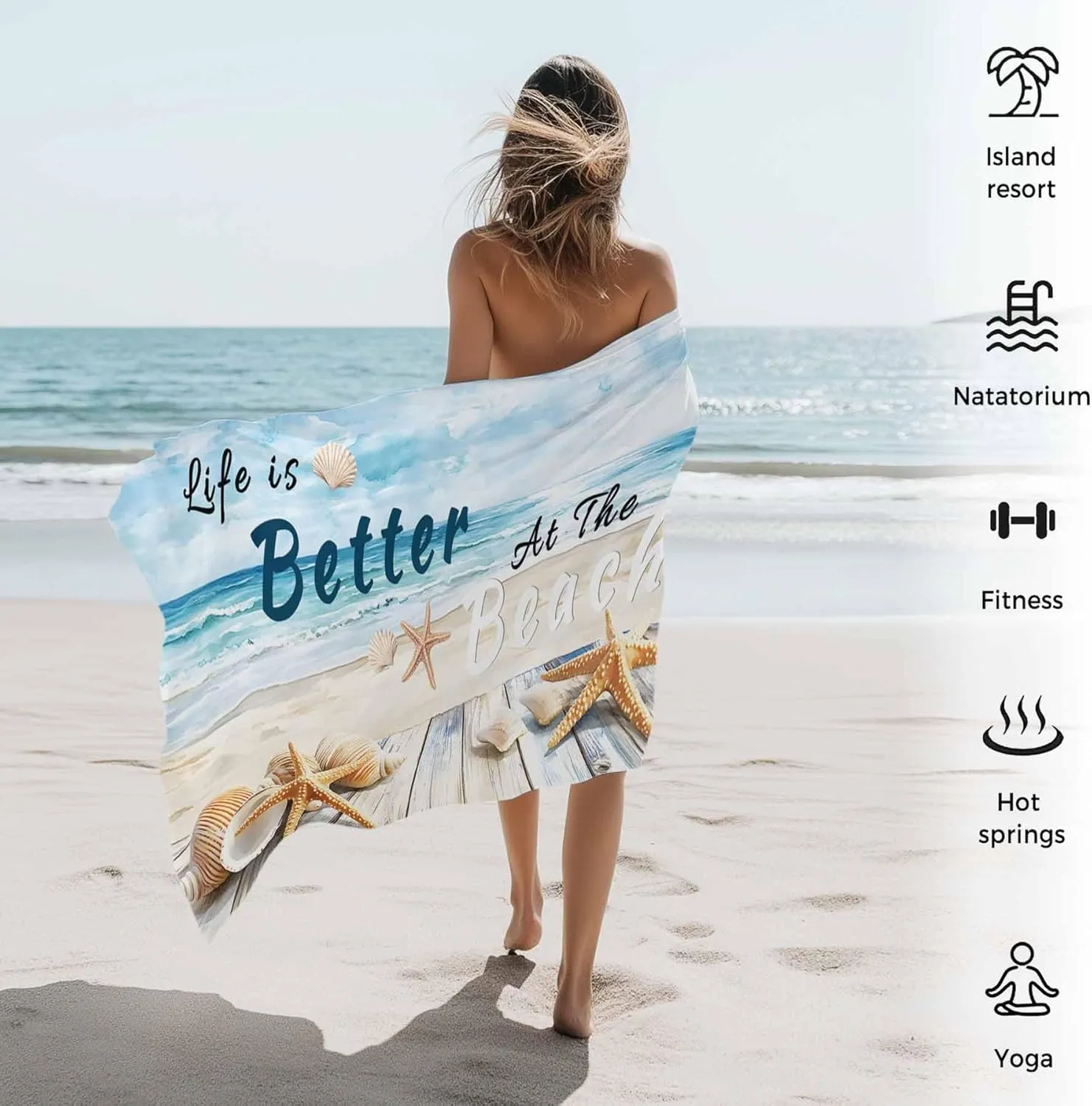 Summer Ocean Beach Towel 30" x 60" Starfish Shell Blue Sky Quick Dry Sand Free Pool Towels Soft & Absorbent Compact Towels Beach Accessories for Travel Bathroom Swimming Pool