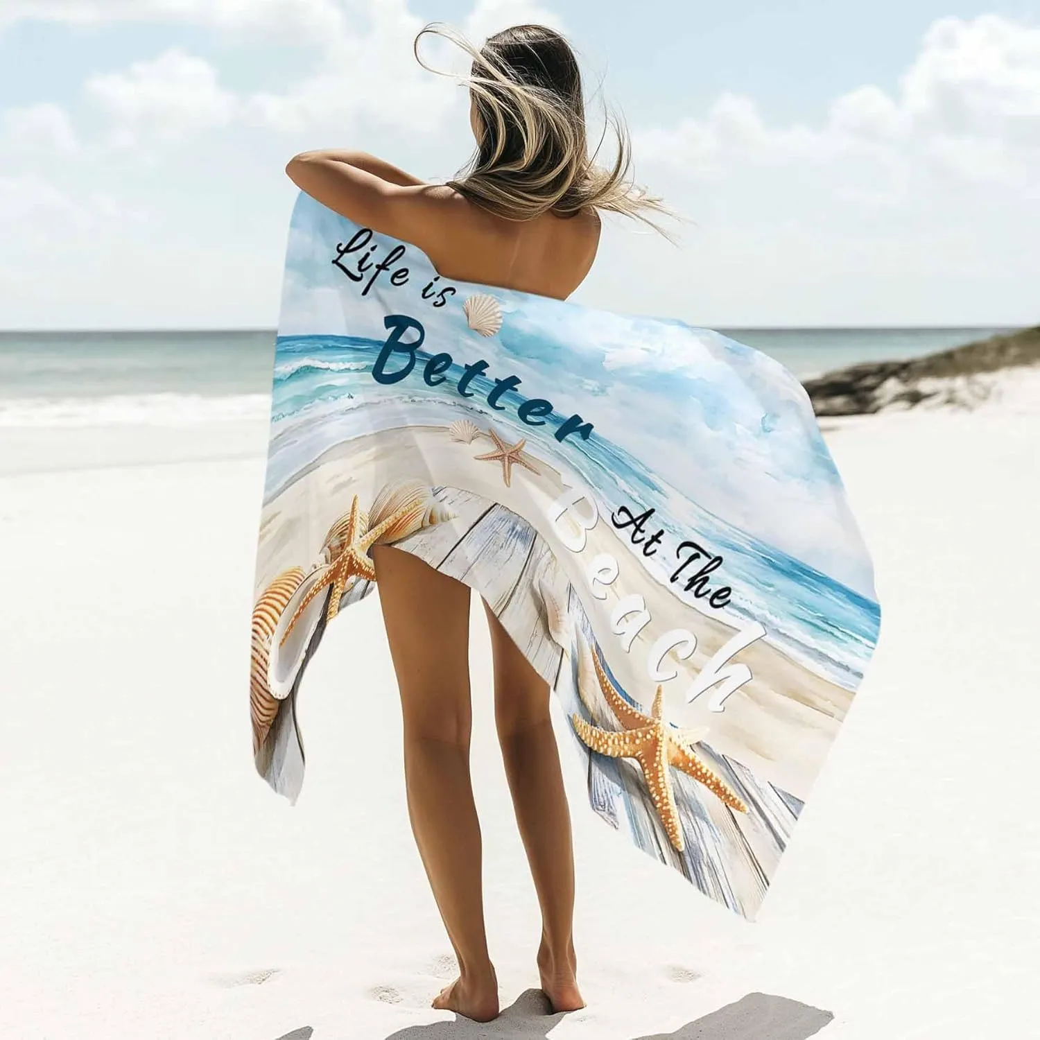 Summer Ocean Beach Towel 30" x 60" Starfish Shell Blue Sky Quick Dry Sand Free Pool Towels Soft & Absorbent Compact Towels Beach Accessories for Travel Bathroom Swimming Pool