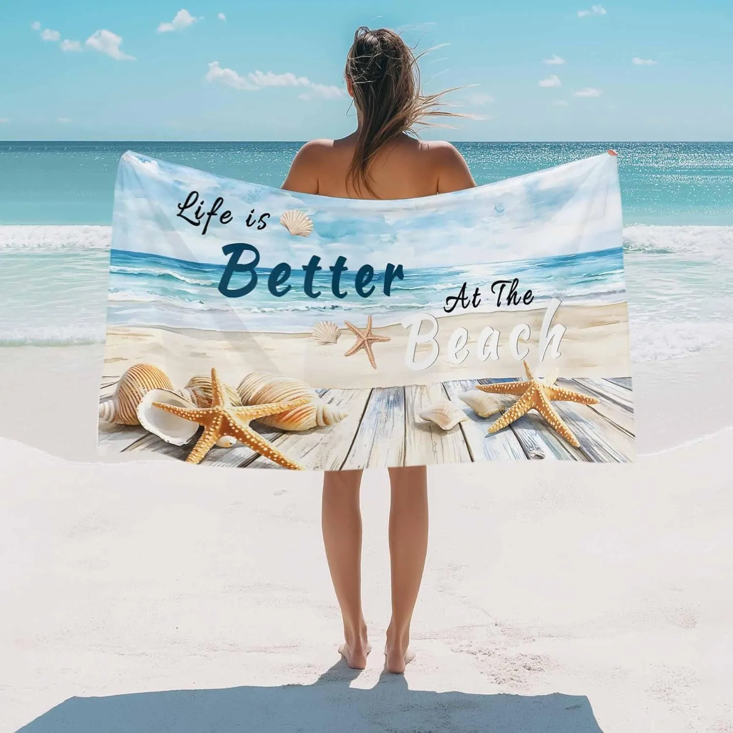 Summer Ocean Beach Towel 30" x 60" Starfish Shell Blue Sky Quick Dry Sand Free Pool Towels Soft & Absorbent Compact Towels Beach Accessories for Travel Bathroom Swimming Pool
