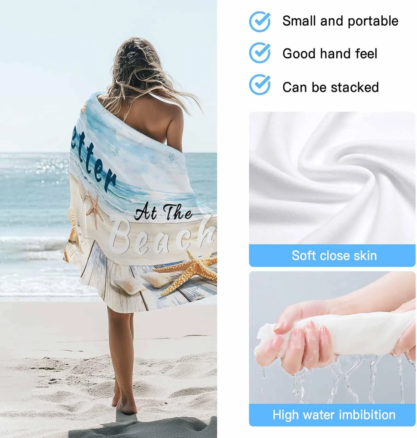 Summer Ocean Beach Towel 30" x 60" Starfish Shell Blue Sky Quick Dry Sand Free Pool Towels Soft & Absorbent Compact Towels Beach Accessories for Travel Bathroom Swimming Pool