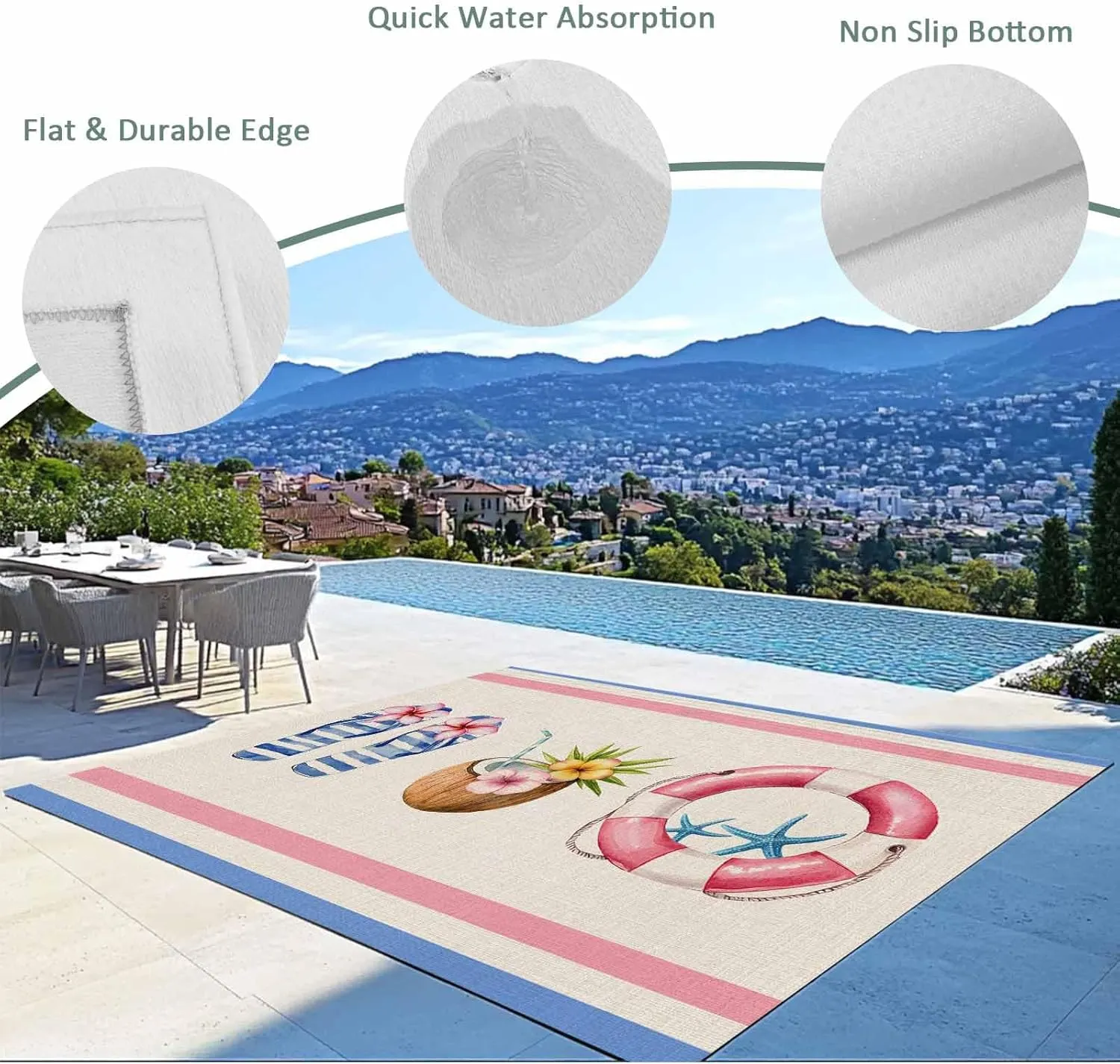 Summer Slippers Outdoor Rug 6x9ft Large Patio Rug,Washable RV Camping Outside Area Runner Rug Mat,Coconut Starfish Blue Pink Stripes Indoor Outdoor Carpet for Picnic Backyard Deck Porch Balcony Beach