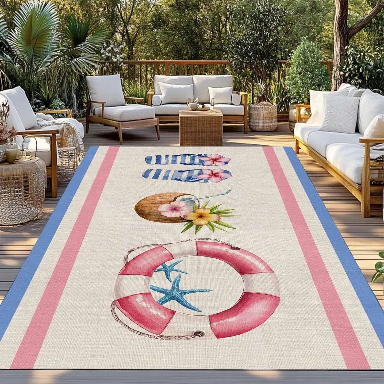 Summer Slippers Outdoor Rug 6x9ft Large Patio Rug,Washable RV Camping Outside Area Runner Rug Mat,Coconut Starfish Blue Pink Stripes Indoor Outdoor Carpet for Picnic Backyard Deck Porch Balcony Beach