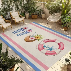 Summer Slippers Outdoor Rug 6x9ft Large Patio Rug,Washable RV Camping Outside Area Runner Rug Mat,Coconut Starfish Blue Pink Stripes Indoor Outdoor Carpet for Picnic Backyard Deck Porch Balcony Beach