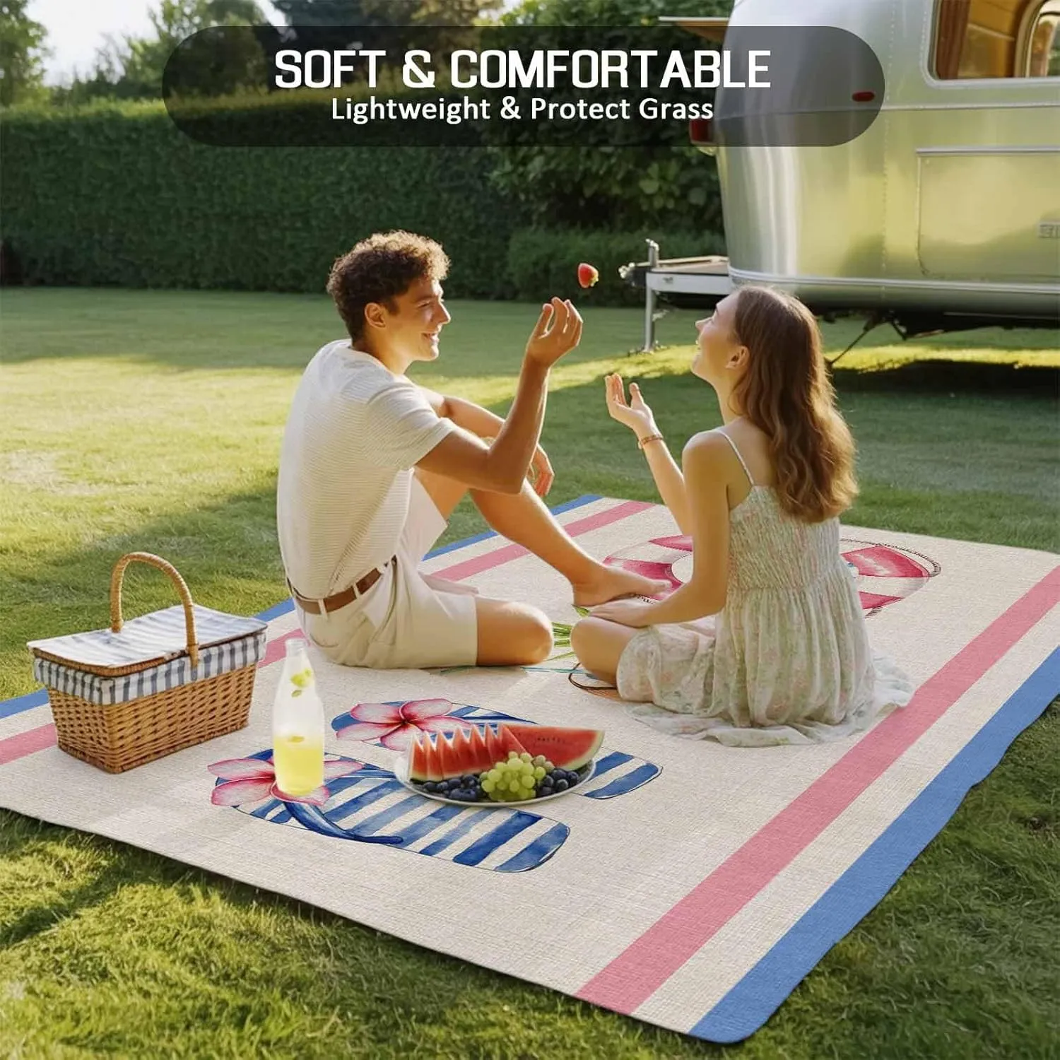 Summer Slippers Outdoor Rug 6x9ft Large Patio Rug,Washable RV Camping Outside Area Runner Rug Mat,Coconut Starfish Blue Pink Stripes Indoor Outdoor Carpet for Picnic Backyard Deck Porch Balcony Beach