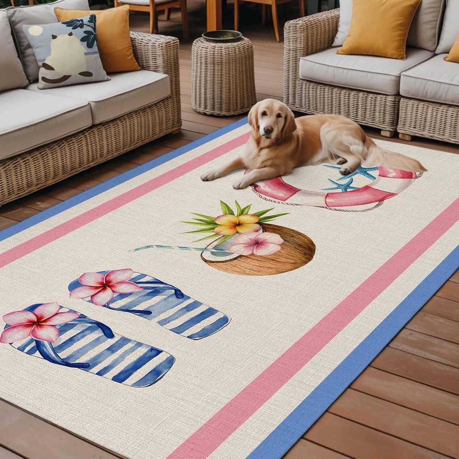 Summer Slippers Outdoor Rug 6x9ft Large Patio Rug,Washable RV Camping Outside Area Runner Rug Mat,Coconut Starfish Blue Pink Stripes Indoor Outdoor Carpet for Picnic Backyard Deck Porch Balcony Beach